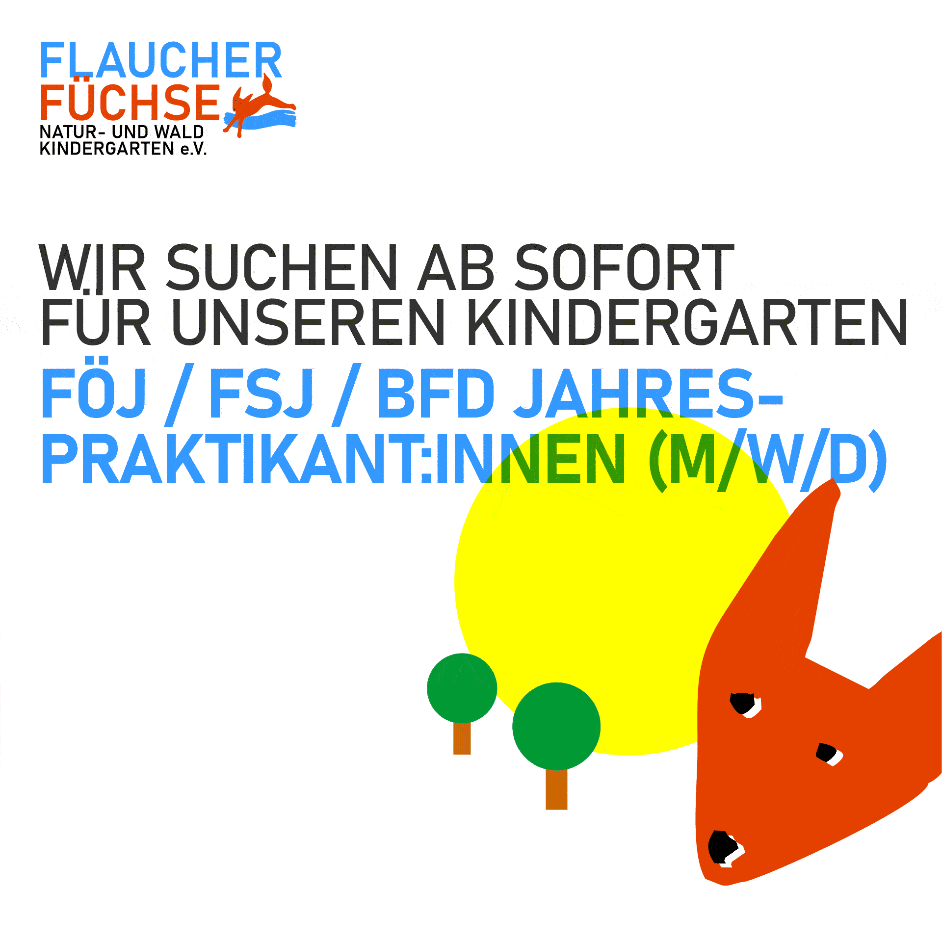 Wir suchen ab sofort 
FÖJ / FSJ / BFD Jahrespraktikant:innen (m/w/d) –  für Kindergartenjahr 2025/2026
Für das Kindergartenjahr 25/26 suchen wir einen interessierten Menschen. 
 Wir freuen uns wahnsinnig darauf, dich kennenzulernen! Fragen oder Bewerbungen einfach an: info@flaucherfuechse.de